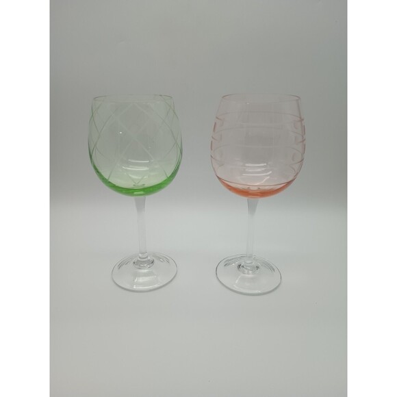 Mikasa Cheers Etched Wine Glasses Set Of 2 Pink Green 8.5" Balloon Red - Picture 1 of 6